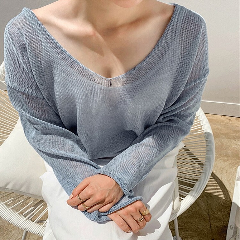 Sexy Solid V Neck Pullovers Cutout Oversize Elegant Jumpers - Image 5