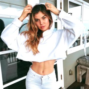 Solid Color Hoodies Crop Top Casual Long Sleeve Jumper Hooded Pullover Tops