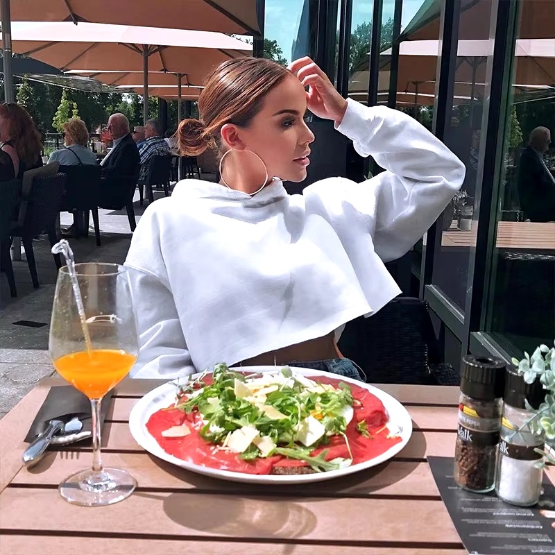 Solid Color Hoodies Crop Top Casual Long Sleeve Jumper Hooded Pullover Tops - Image 2