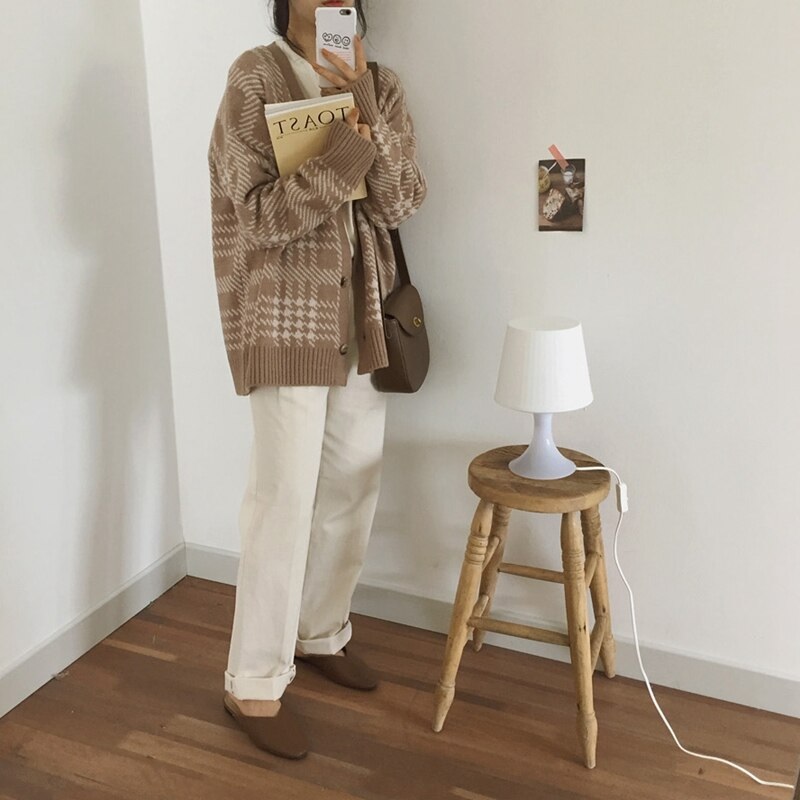 Solid V-Neck Knitted Buttons Korean Style Plaid Sweaters - Image 6