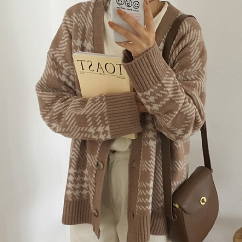 Solid V-Neck Knitted Buttons Korean Style Plaid Sweaters - Image 4