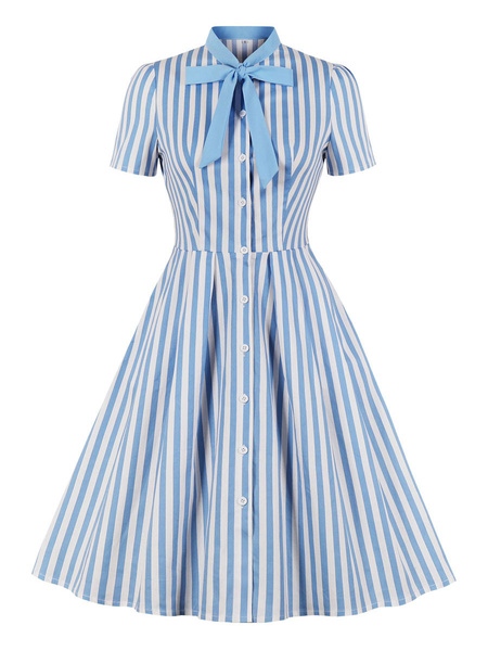Stand Collar Bows Stripes Layered Short Sleeves Printed Swing Dress - Image 4