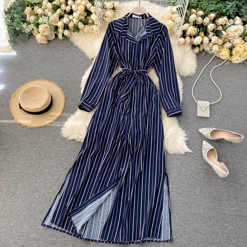 Striped Long Blouses Turn-down Collar Long Sleeve Button Office Split A-line Maxi Dress - Image 3