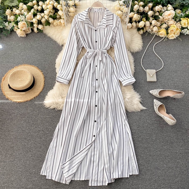 Striped Long Blouses Turn-down Collar Long Sleeve Button Office Split A-line Maxi Dress - Image 4
