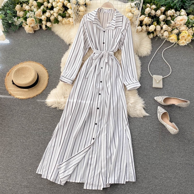 Striped Long Blouses Turn-down Collar Long Sleeve Button Office Split A ...