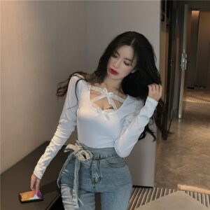 Bow Lace Cross Knit Bottoming Slim Long-Sleeved Short T-Shirt