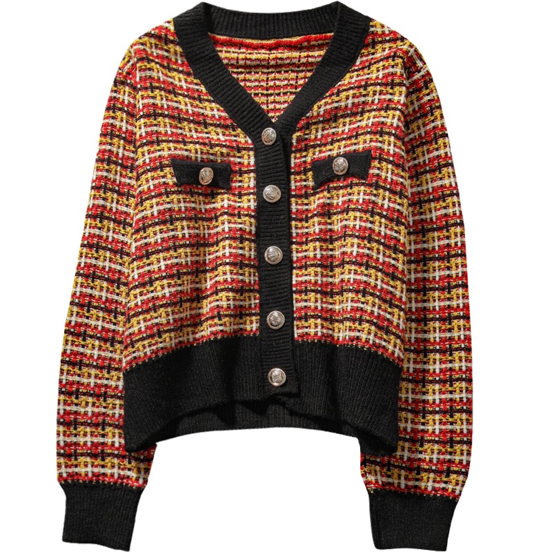 Colorful Plaid Loose Knit Long Sleeve V-Neck Sweater
