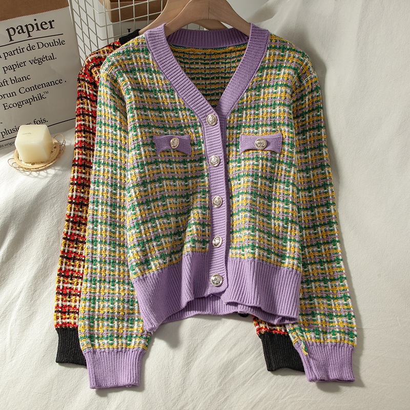 Colorful Plaid Loose Knit Long Sleeve V-Neck Sweater - Image 2
