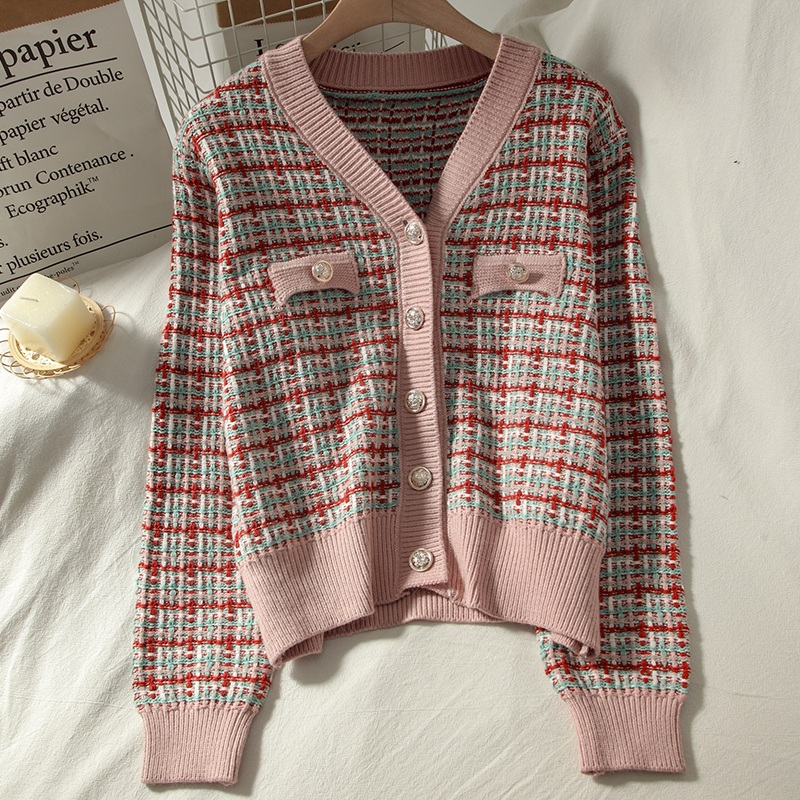 Colorful Plaid Loose Knit Long Sleeve V-Neck Sweater - Image 3