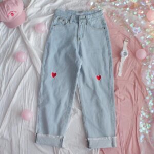 Denim High-Waisted Loose Love Heart Embroidery Ankle-Length Pants