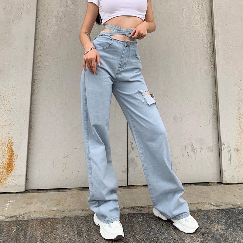 Hollow Out Ripped Long Waist Blet Pockets Jeans - Image 2