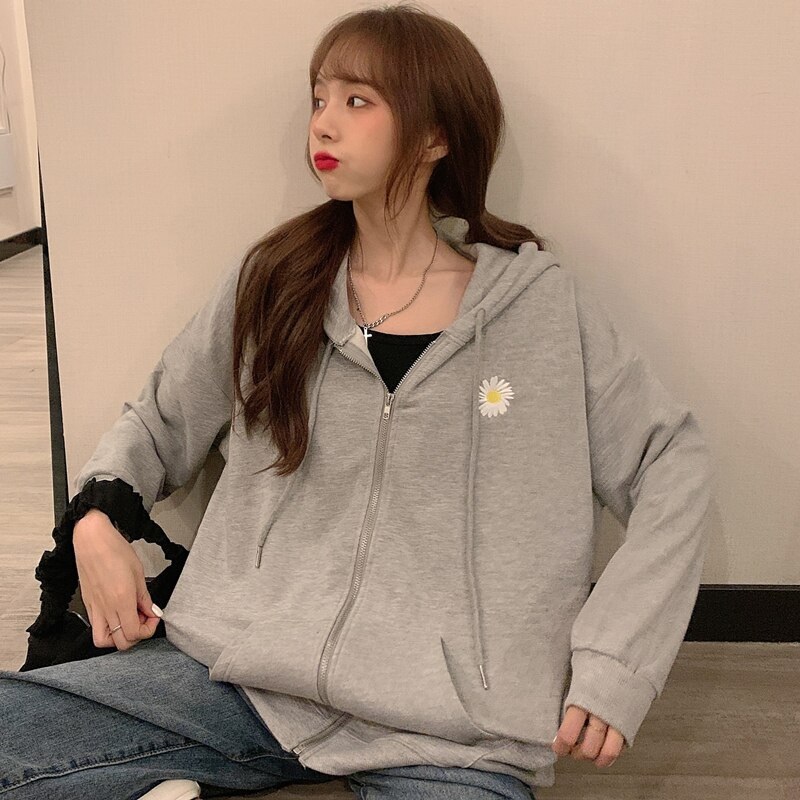 Korean style loose daisy embroidery hooded sweatshirt - Image 2