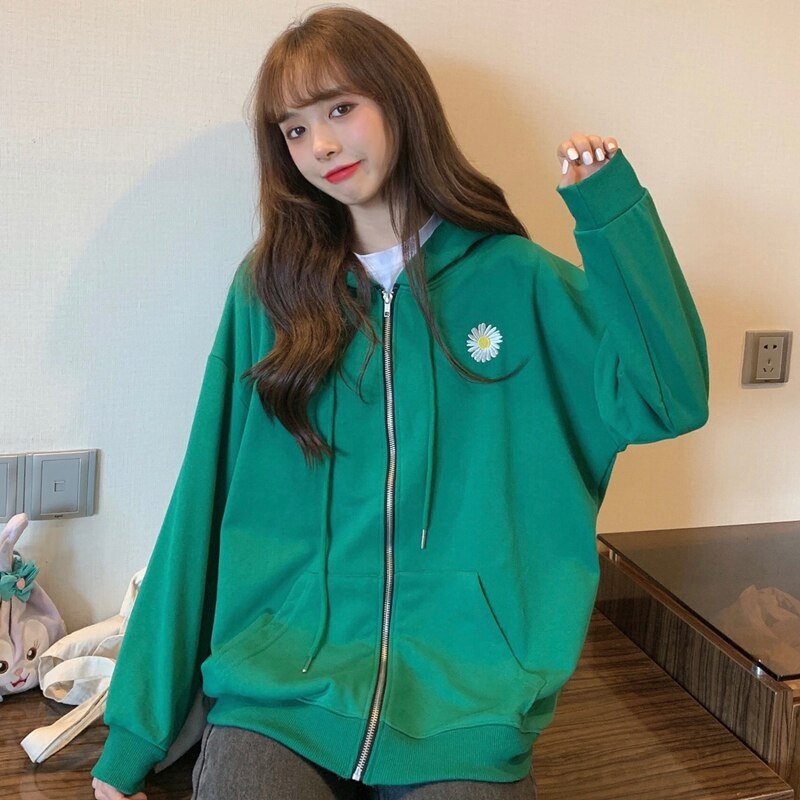 Korean style loose daisy embroidery hooded sweatshirt - Image 5