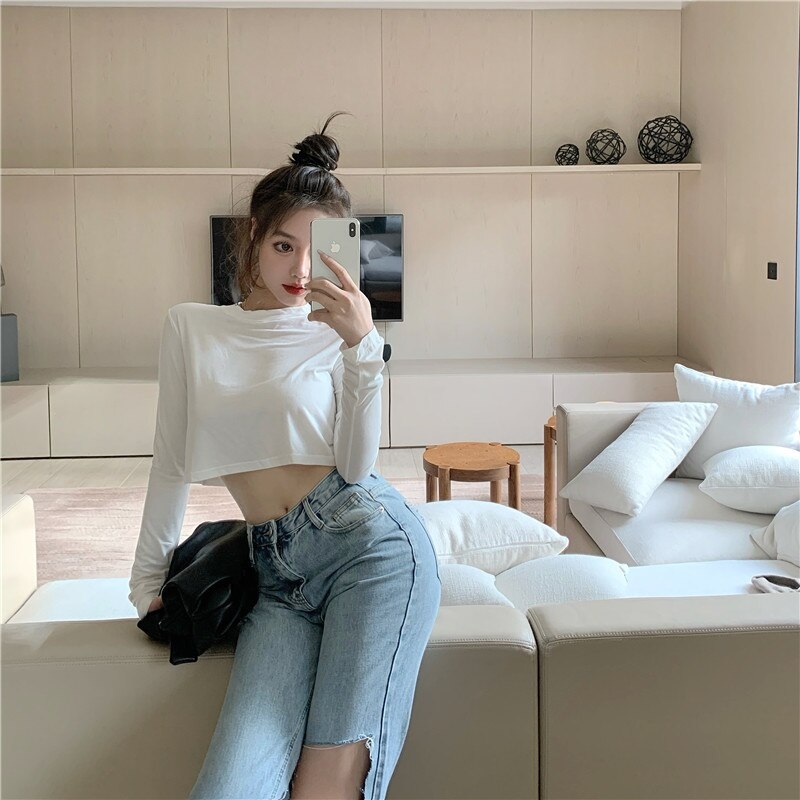 New Casual Short Solid Color Long Sleeve Base T-Shirt - Image 6