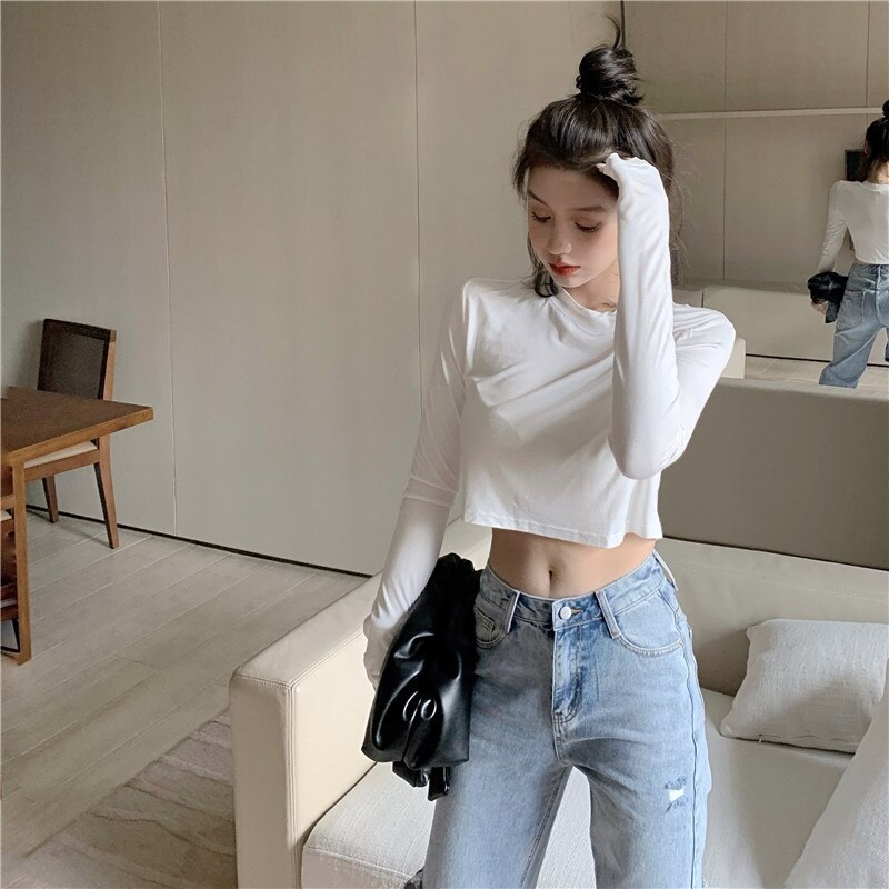 New Casual Short Solid Color Long Sleeve Base T-Shirt - Image 7