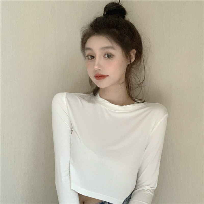 New Casual Short Solid Color Long Sleeve Base T-Shirt - Image 8