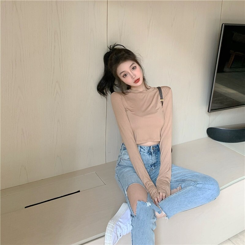 New Casual Short Solid Color Long Sleeve Base T-Shirt - Image 10