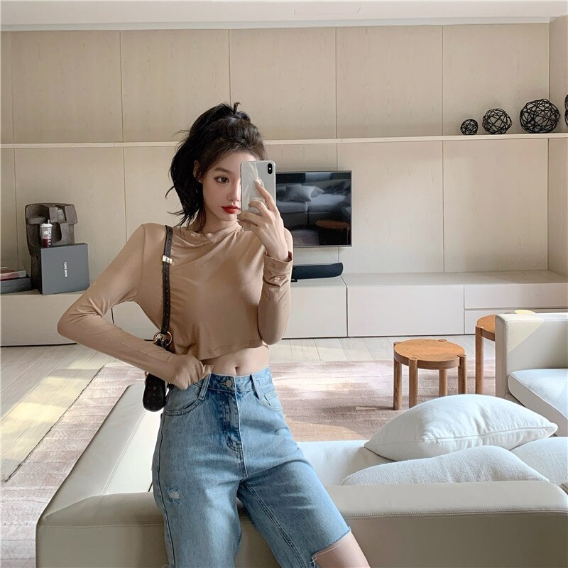 New Casual Short Solid Color Long Sleeve Base T-Shirt - Image 13