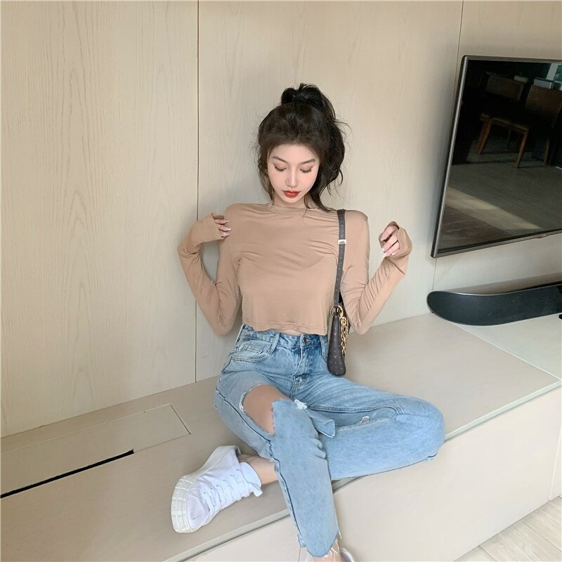 New Casual Short Solid Color Long Sleeve Base T-Shirt - Image 14