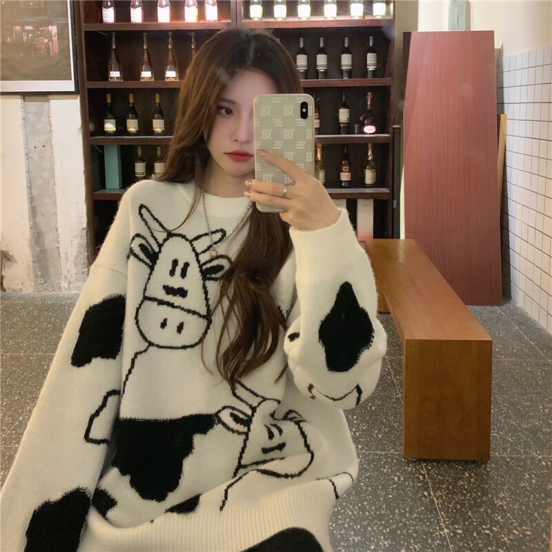 New Cow Pattern Pullover Style Loose Sweater - Image 9