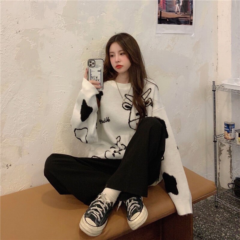 New Cow Pattern Pullover Style Loose Sweater - Image 11