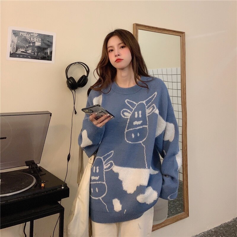 New Cow Pattern Pullover Style Loose Sweater