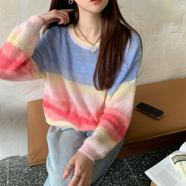 New Rainbow Striped Knitted Long-Sleeved Loose Pullover Sweater - TD ...