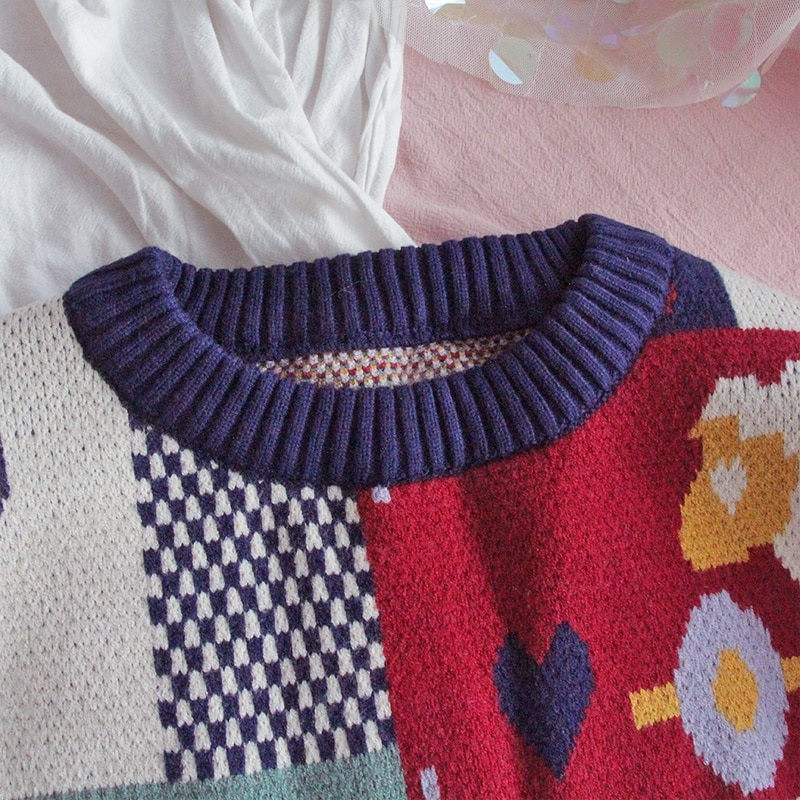 Retro Loose Soft Cartoon O-Neck Knitted Sweater - TD Mercado
