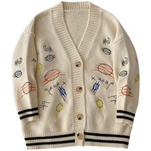 Casual Style Loose V-Neck Print Embroidered Sweater