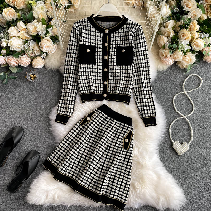 Knitted O Neck Long Sleeve Tops High Waist A-line Skirt Two Pieces Set - Image 2