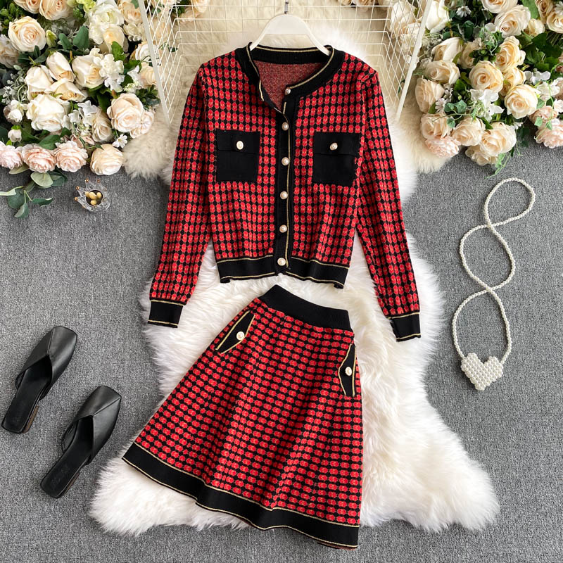 Knitted O Neck Long Sleeve Tops High Waist A-line Skirt Two Pieces Set