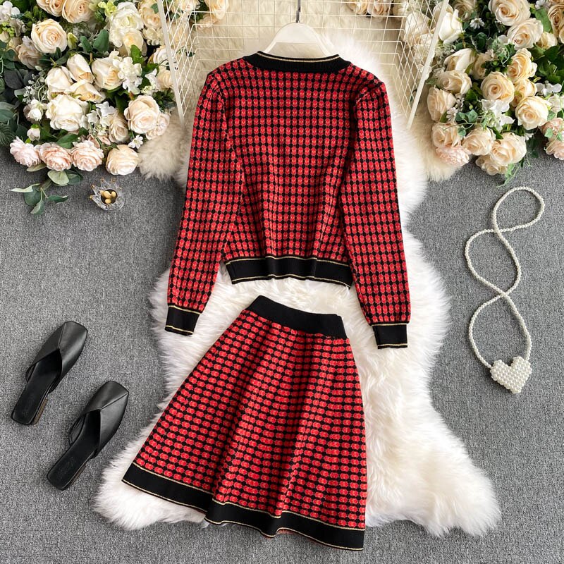 Knitted O Neck Long Sleeve Tops High Waist A-line Skirt Two Pieces Set - Image 3
