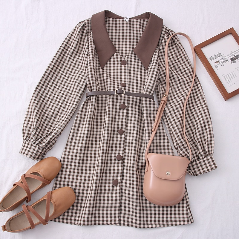 Korean Long Sleeve Button College Style A-line Short Dress - TD Mercado