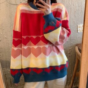 Casual Style Love Heart Jacquard Loose Pullover Knitted Sweater