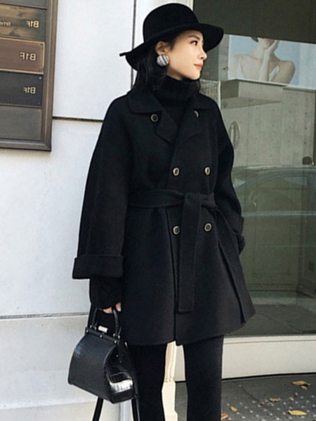 Outerwear Turndown Collar Long Sleeves Polyester Oversized Casual Wrap Coat - Image 2