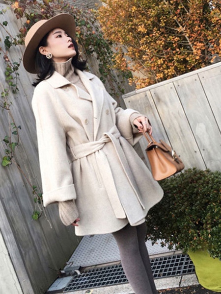 Outerwear Turndown Collar Long Sleeves Polyester Oversized Casual Wrap Coat