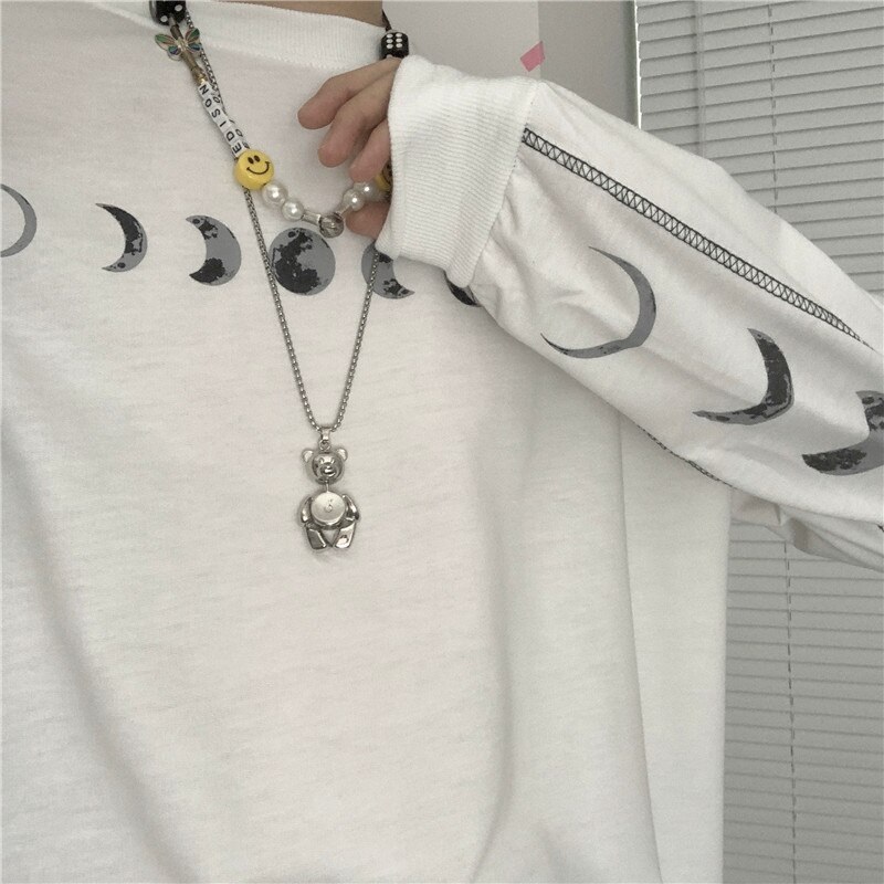 Retro Moon Print Loose O-Neck Long Sleeves T-Shirt - Image 9