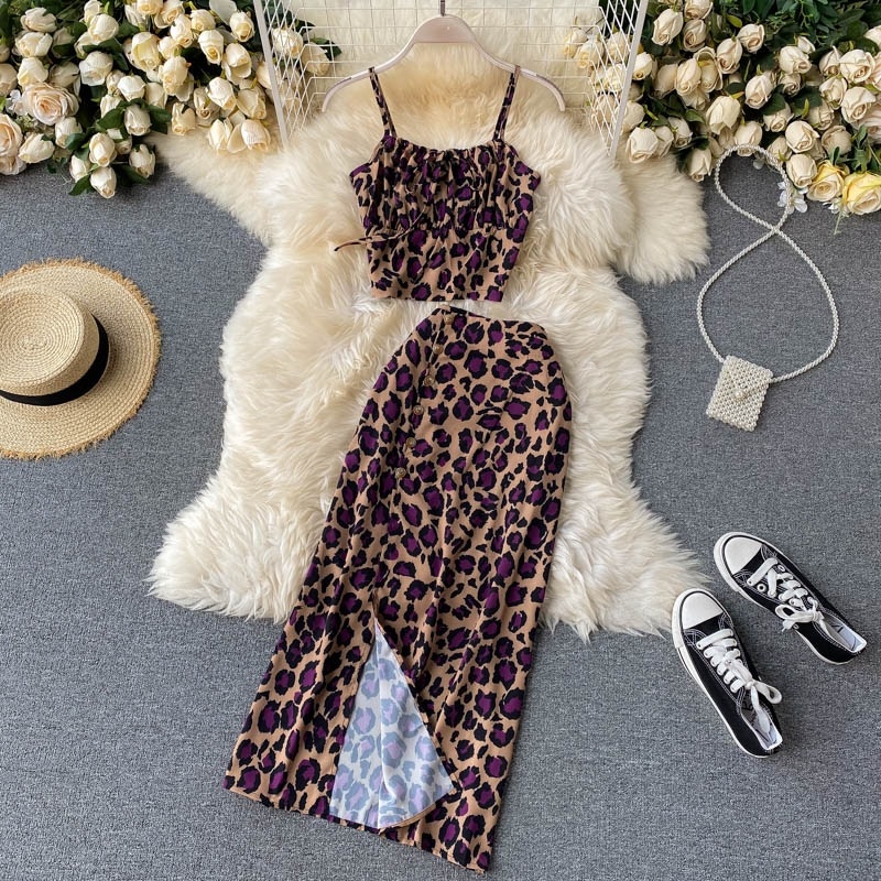 Sexy Sleeveless Strap Short Tops+High Waist Split Long Skirt Two Pieces Set