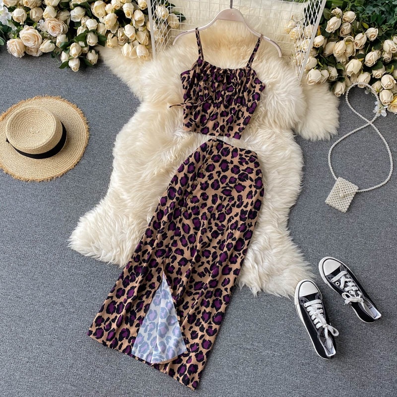 Sexy Sleeveless Strap Short Tops+High Waist Split Long Skirt Two Pieces Set - Image 2