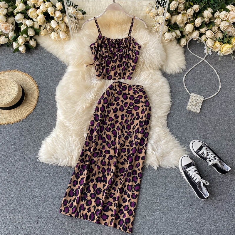 Sexy Sleeveless Strap Short Tops+High Waist Split Long Skirt Two Pieces Set - Image 3