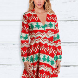 Skater Dresses Christmas Pattern Polyester V Neck Long Sleeves Fit Dress