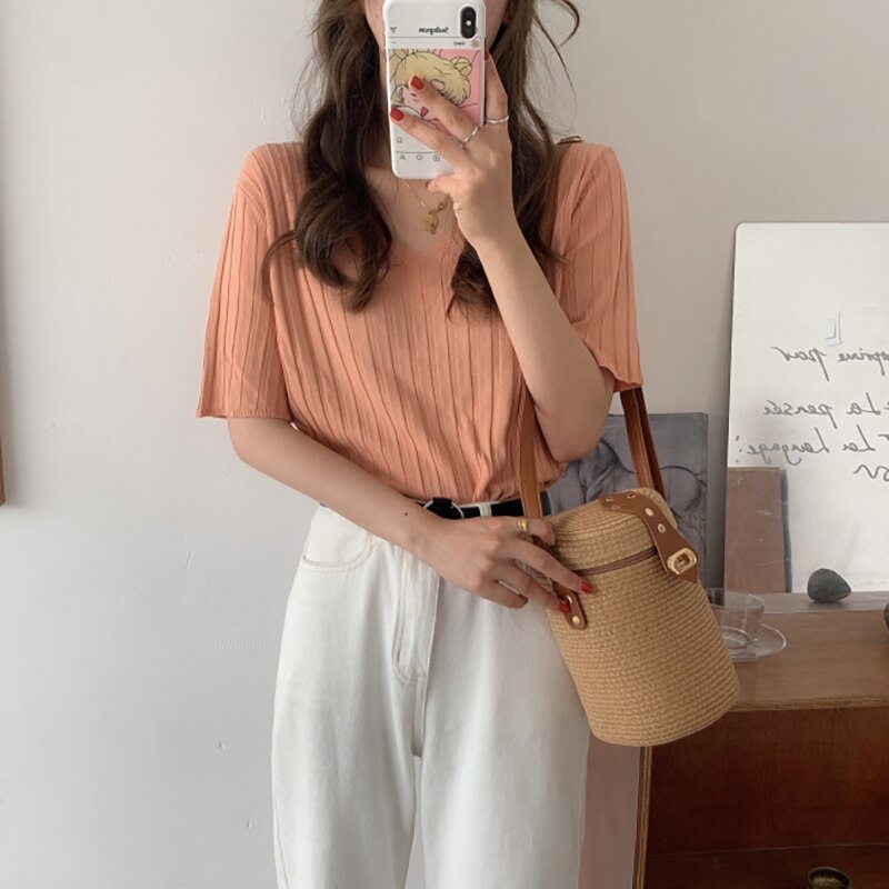 Striped Half Sleeve Basic Tops - Image 11