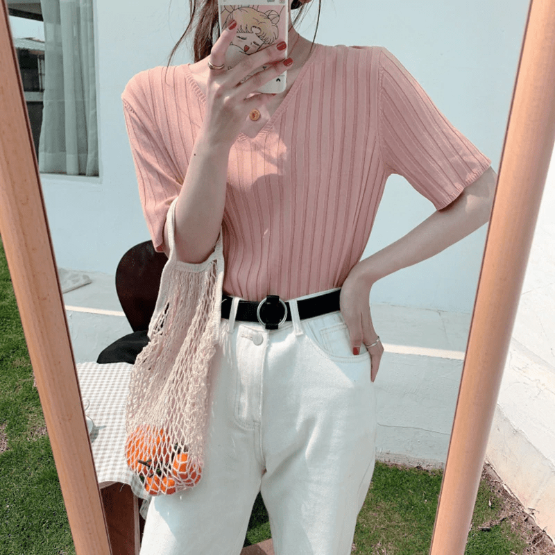 Striped Half Sleeve Basic Tops - Image 13