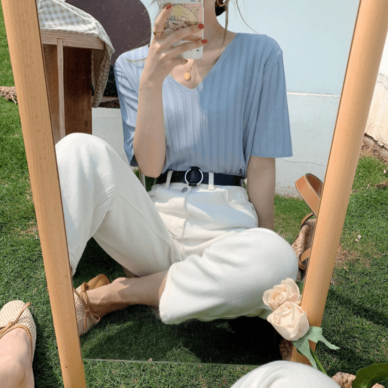 Striped Half Sleeve Basic Tops - Image 5