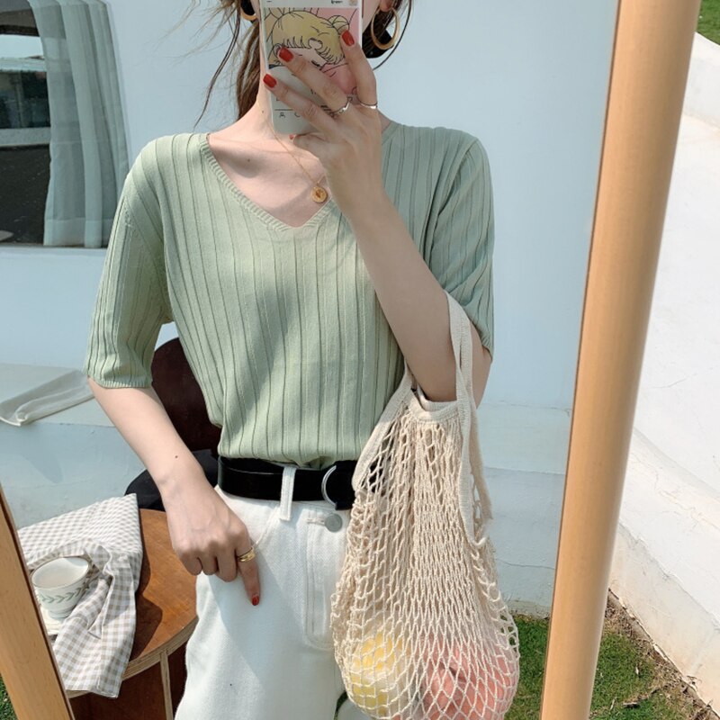 Striped Half Sleeve Basic Tops - Image 6