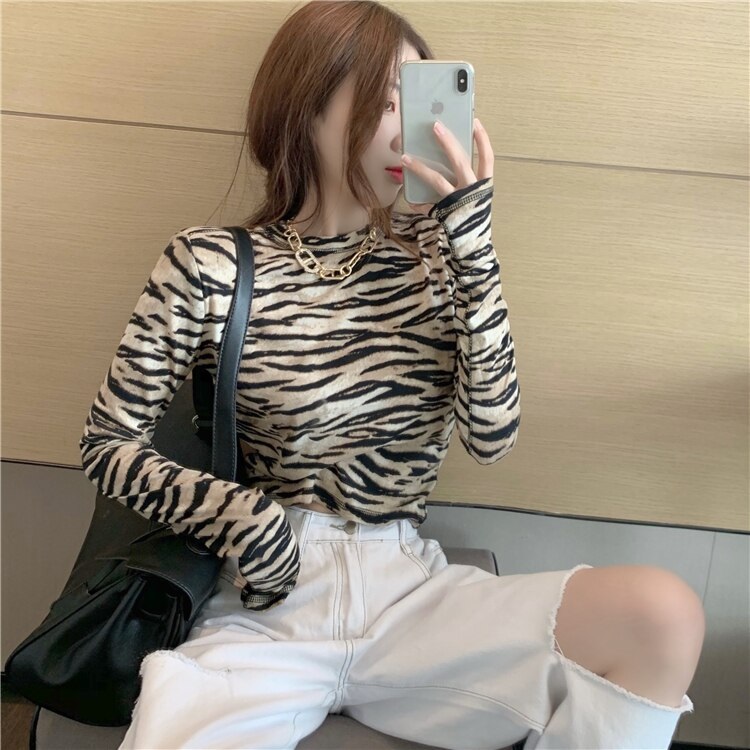 Zebra Print T-Shirt Tight-Fitting Slim Long-Sleeved Crop Top - Image 6