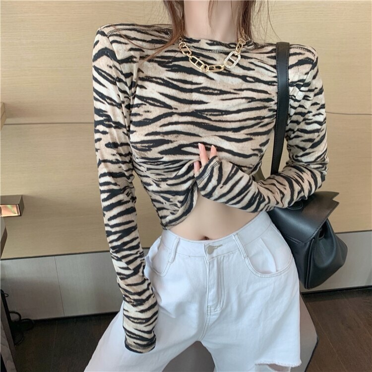 Zebra Print T-Shirt Tight-Fitting Slim Long-Sleeved Crop Top - Image 7