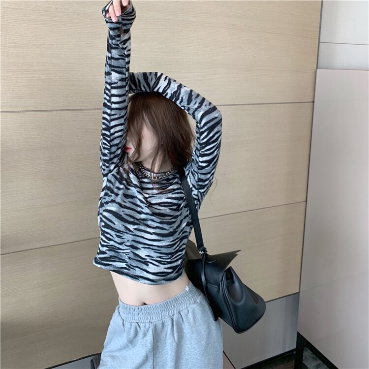 Zebra Print T-Shirt Tight-Fitting Slim Long-Sleeved Crop Top - Image 12