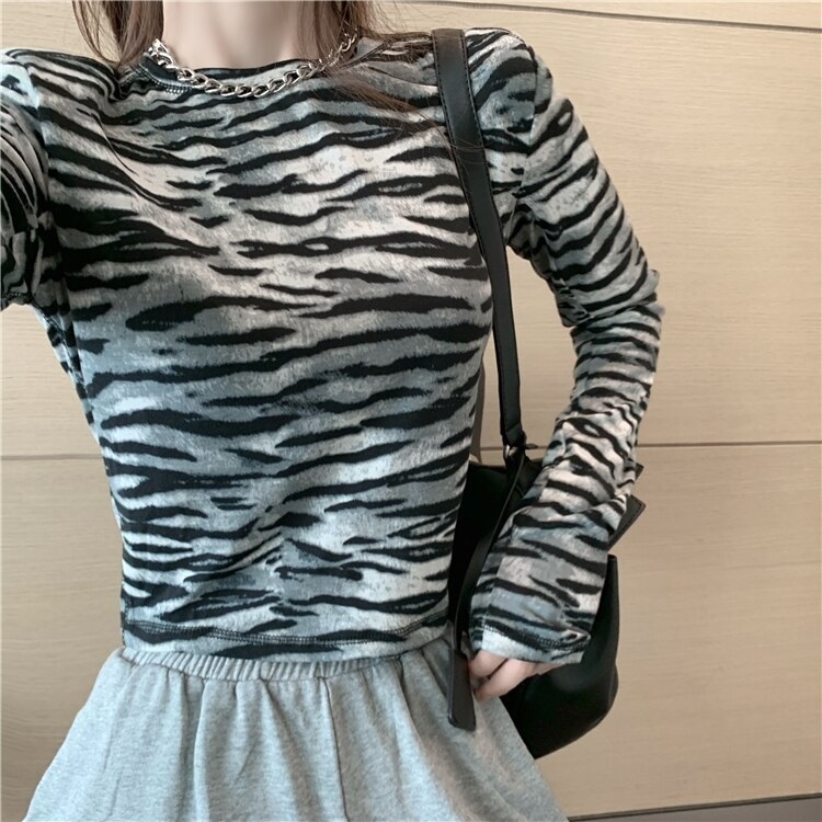 Zebra Print T-Shirt Tight-Fitting Slim Long-Sleeved Crop Top - Image 14