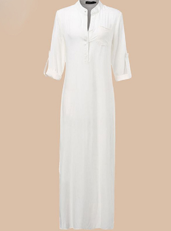 Casual Button Front Bodice Elbow Length Sleeve Pocket Front Maxi Dress - Image 4